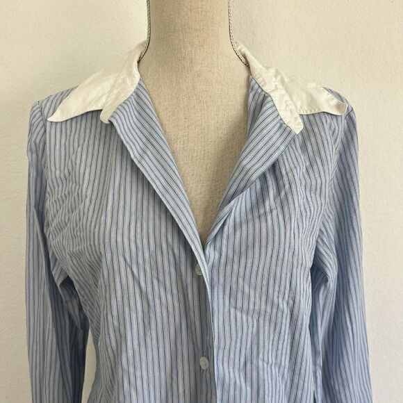 Tailor New York Vintage Y2K Button Down Blue & White Pinstriped Women Blouse Lrg - Picture 10 of 11